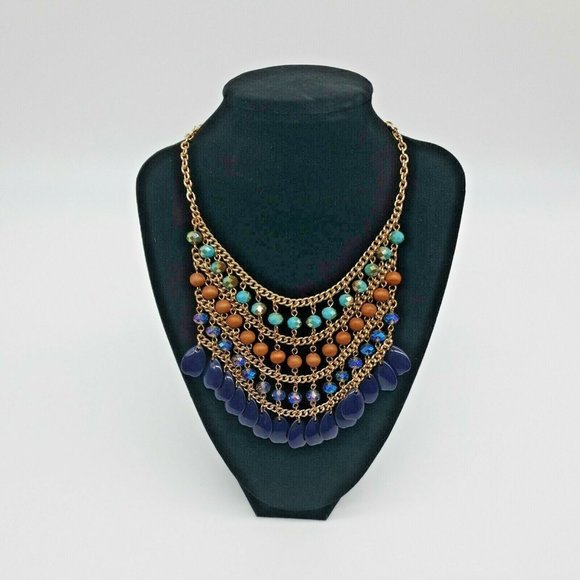 Women Waterfall Drop Vintage Style Necklace 17" - 20" Iridescent Bead Chain Blue - Picture 2 of 7